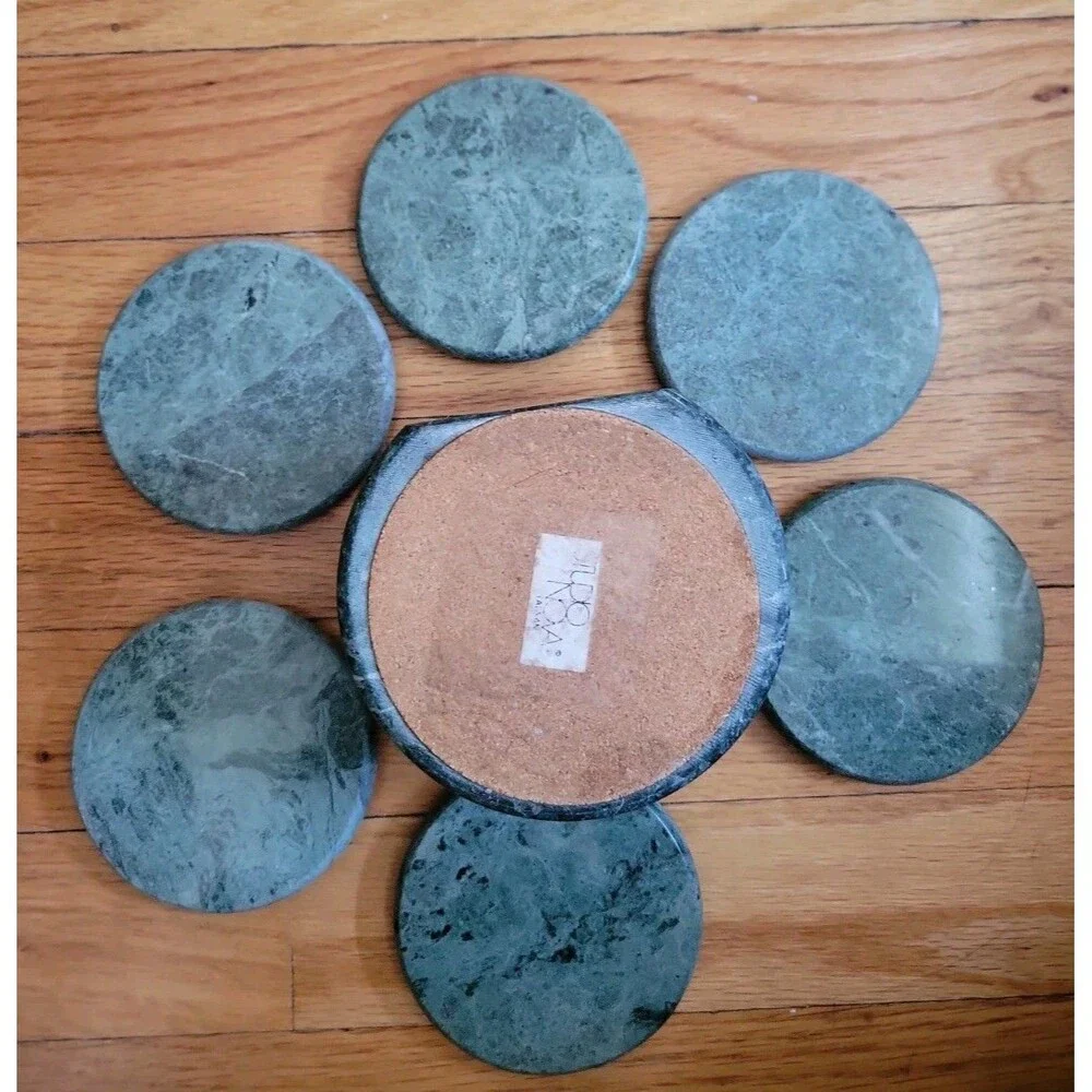Vtg  Studio Nova Pier 1 Green Jade Marble Coasters & Holder Set of 6 3.2 Pounds
